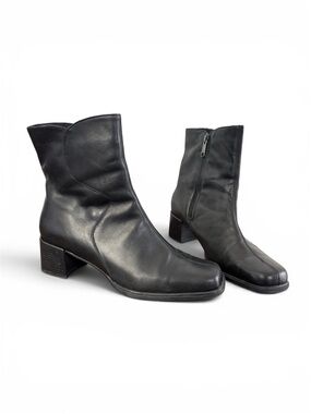 Vintage Square Toe Tall Black Leather Ankle Boots with Side Zip